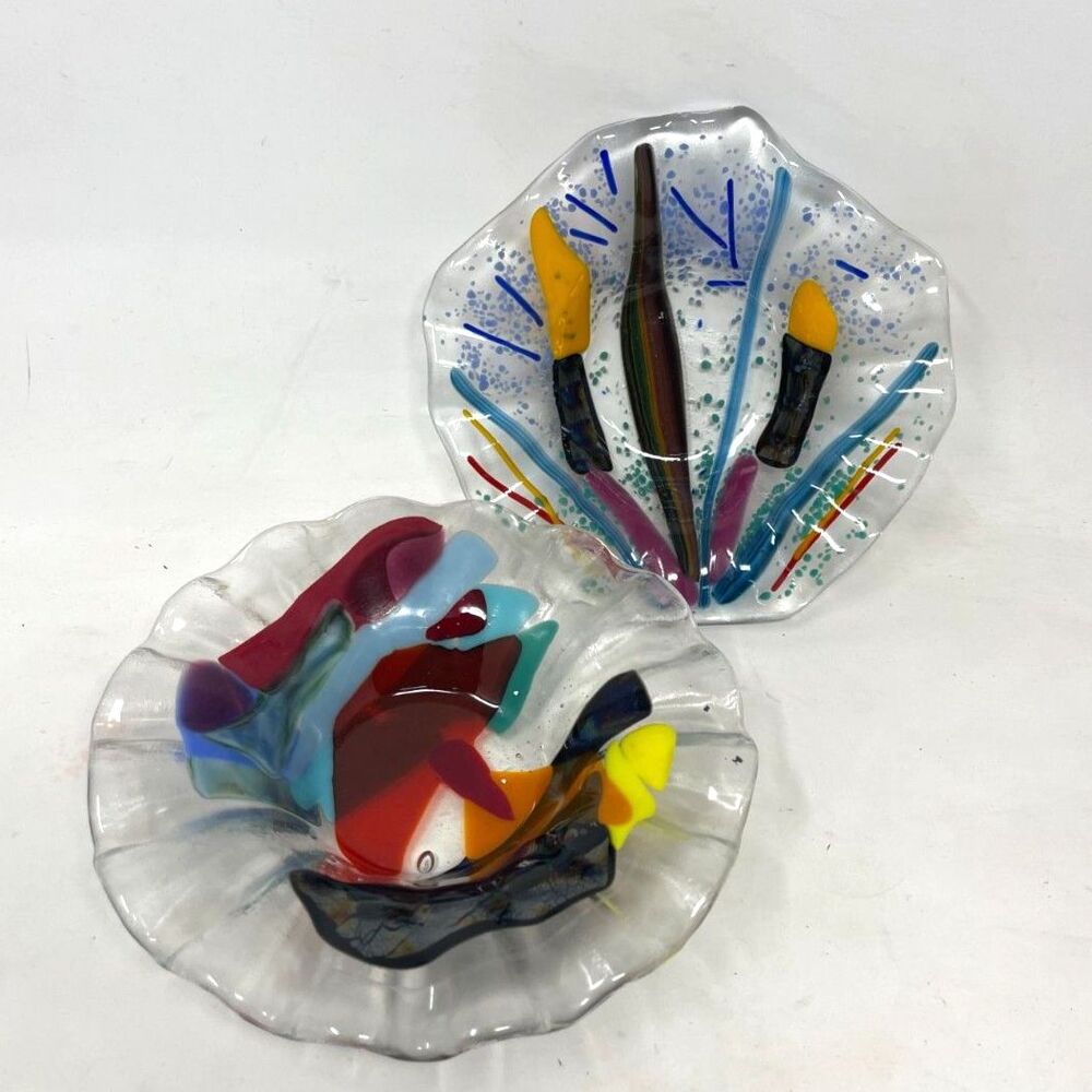 Decorative Fused Glass 6" Bowls Set of 2 Colorful Cheerful Handmade Murano Style